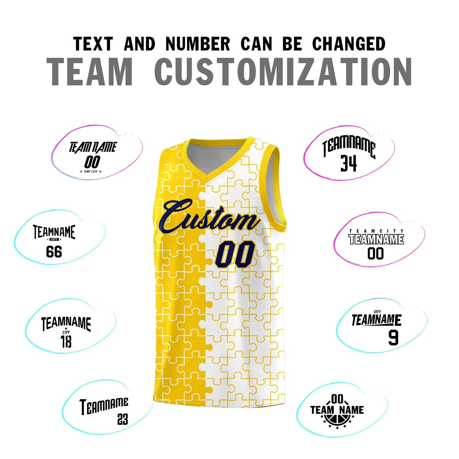 Custom Youth Basketball Jersey Gold White Puzzle Pattern Add Name, Number & Team Logo