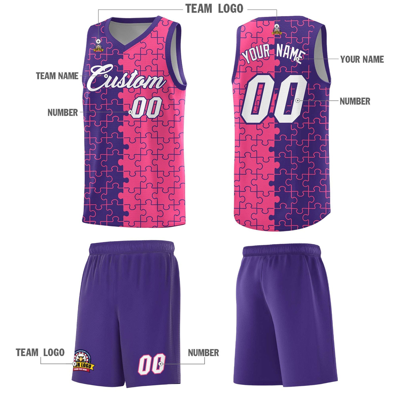 Custom Youth Basketball Jersey Purple Pink Puzzle Pattern Breathable Team Uniform