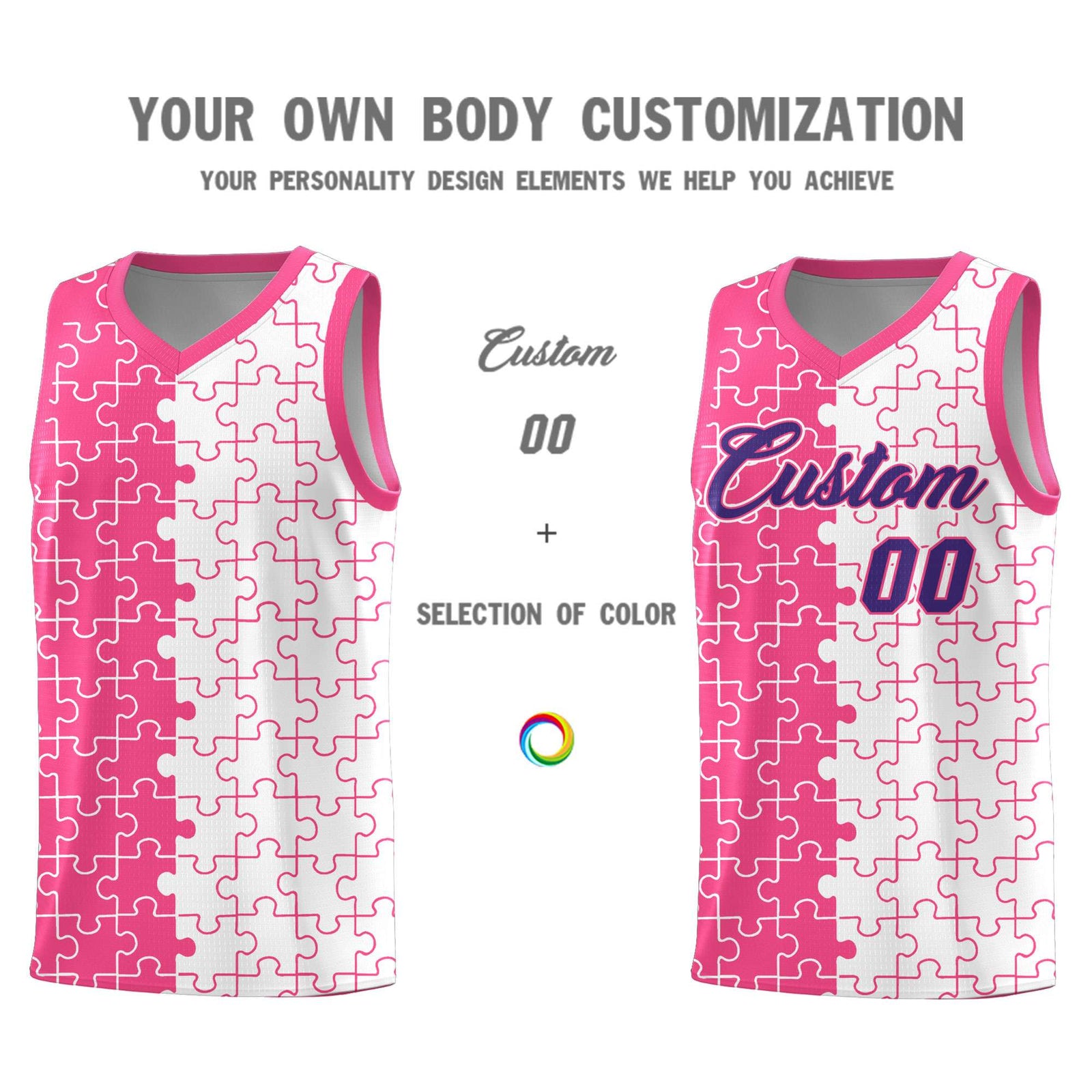 Custom Youth Basketball Jersey Pink White Puzzle Pattern Moisture-Wicking Team Uniform