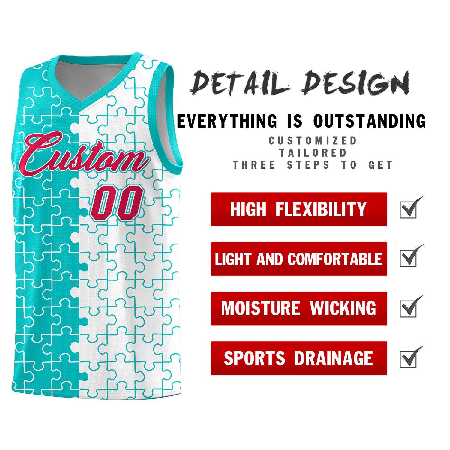 Custom Youth Basketball Jersey Aqua White Puzzle Pattern Personalized Team Uniform