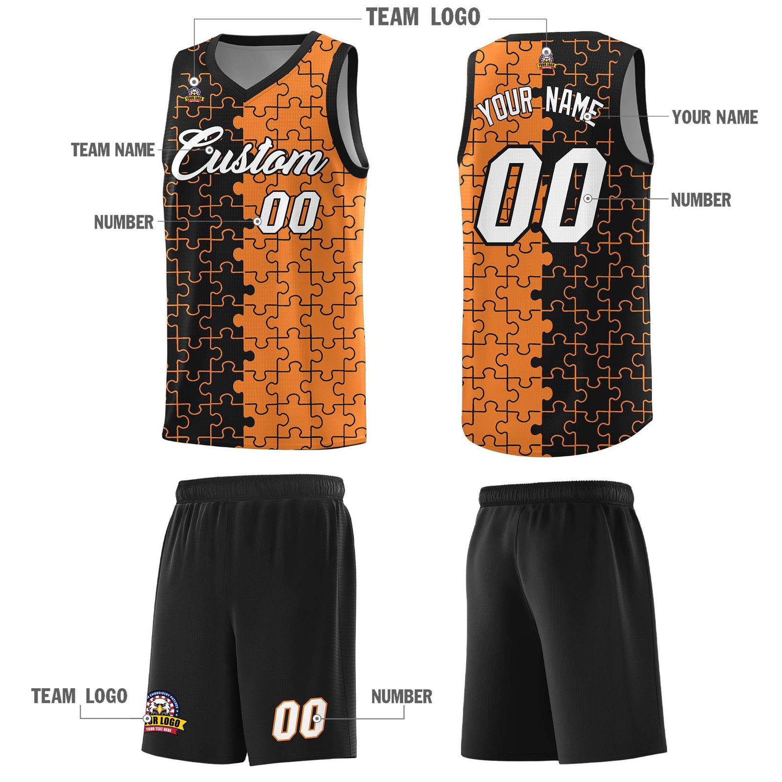 Custom Youth Basketball Jersey Black Gold Orange Puzzle Pattern Add Name, Number & Team Logo