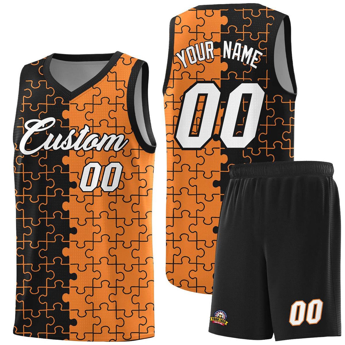 Custom Youth Basketball Jersey Black Gold Orange Puzzle Pattern Add Name, Number &amp; Team Logo