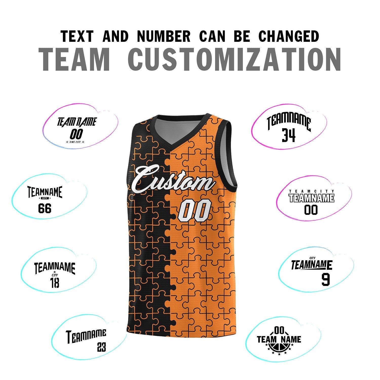 Custom Youth Basketball Jersey Black Gold Orange Puzzle Pattern Add Name, Number & Team Logo