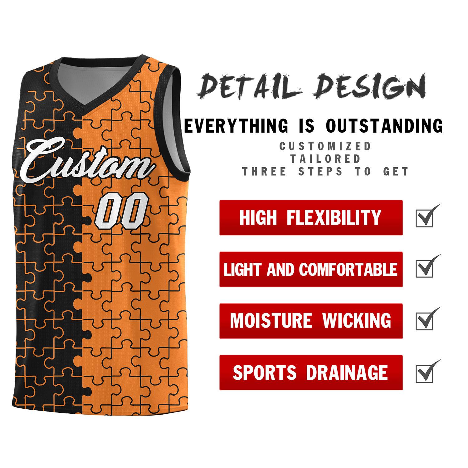 Custom Youth Basketball Jersey Black Gold Orange Puzzle Pattern Add Name, Number & Team Logo
