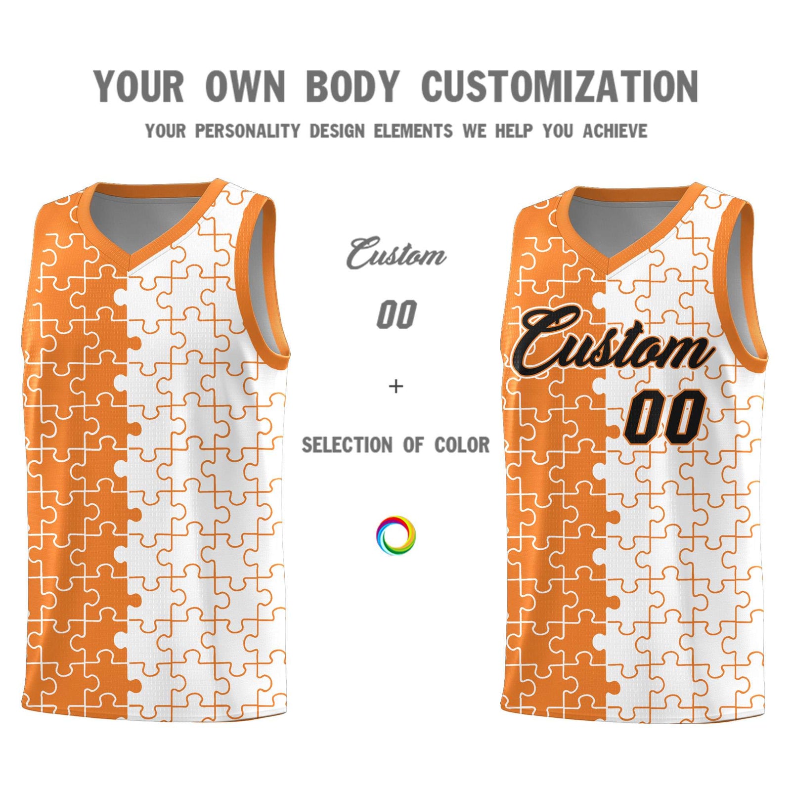 Custom Youth Basketball Jersey Gold Orange White Puzzle Pattern Breathable Team Uniform