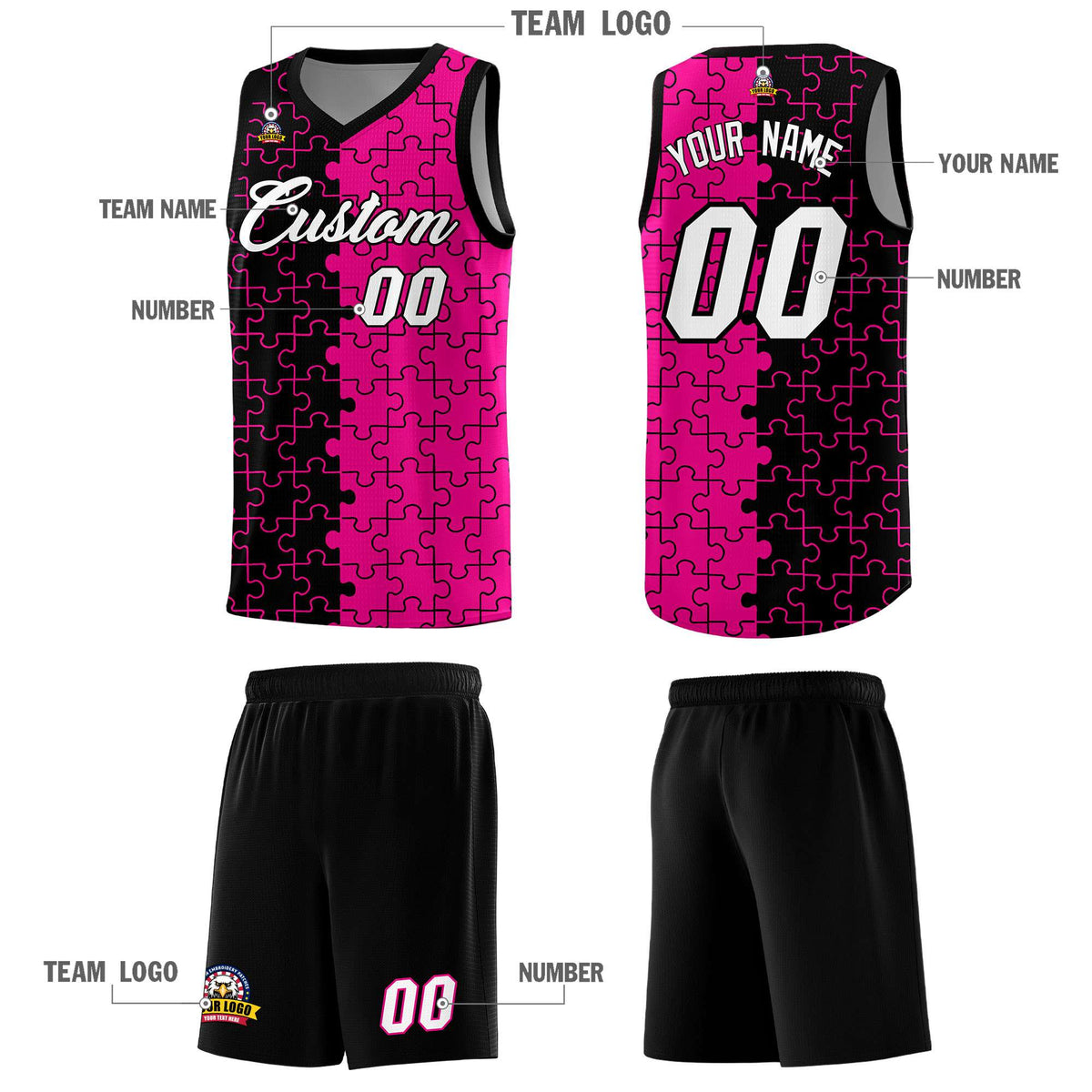 Custom Youth Basketball Jersey Black Pink Puzzle Pattern Moisture-Wicking Team Uniform