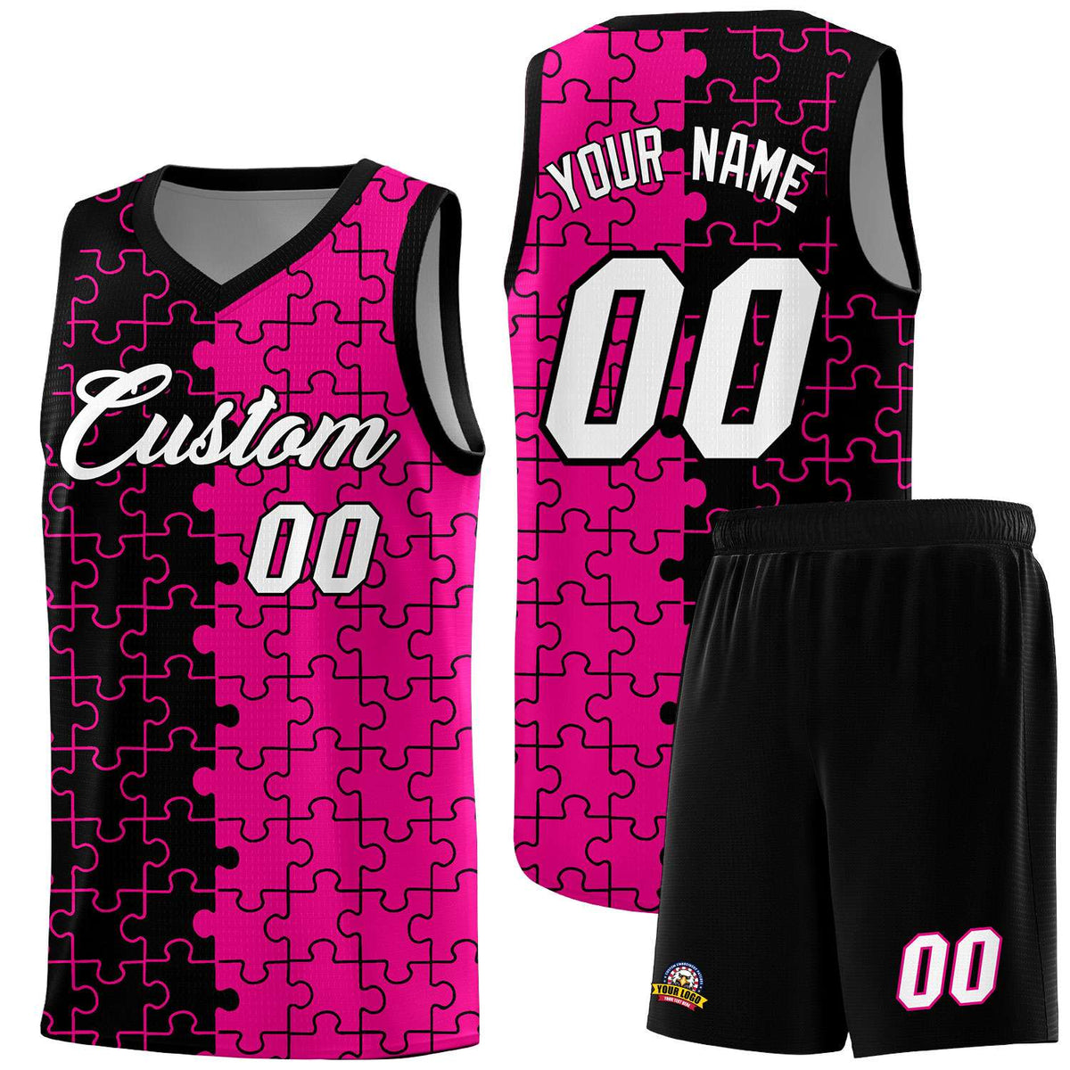 Custom Youth Basketball Jersey Black Pink Puzzle Pattern Moisture-Wicking Team Uniform