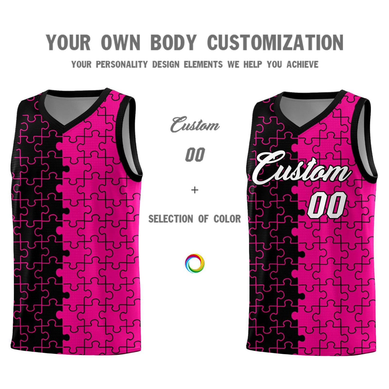 Custom Youth Basketball Jersey Black Pink Puzzle Pattern Moisture-Wicking Team Uniform