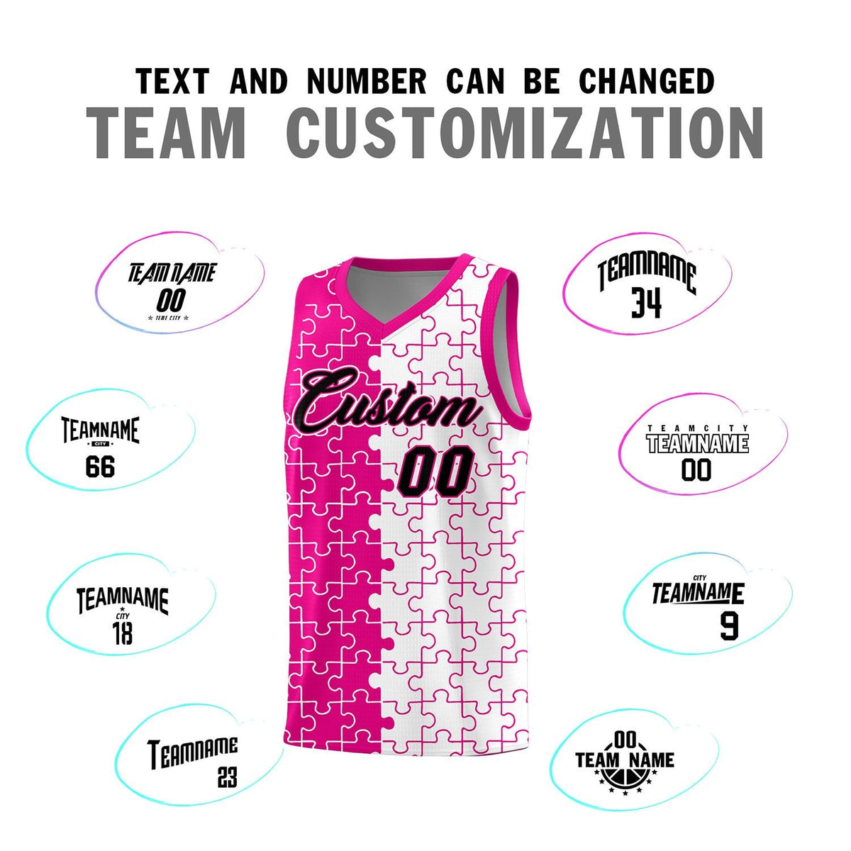 Custom Youth Basketball Jersey Pink White Puzzle Pattern Personalized Team Uniform