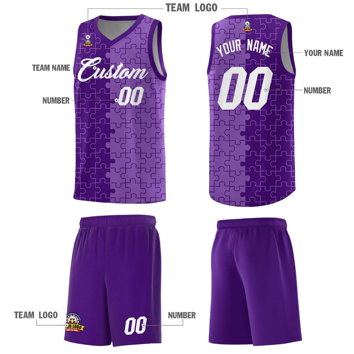 Custom Youth Basketball Jersey Purple Light Purple Puzzle Pattern Add Name, Number &amp; Team Logo