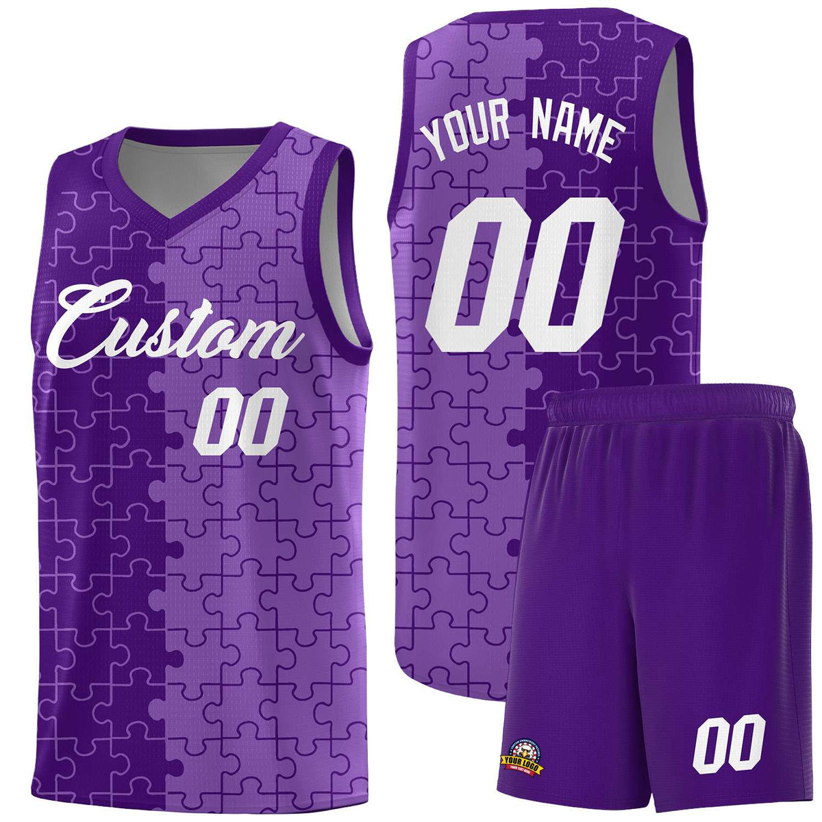 Custom Youth Basketball Jersey Purple Light Purple Puzzle Pattern Add Name, Number &amp; Team Logo