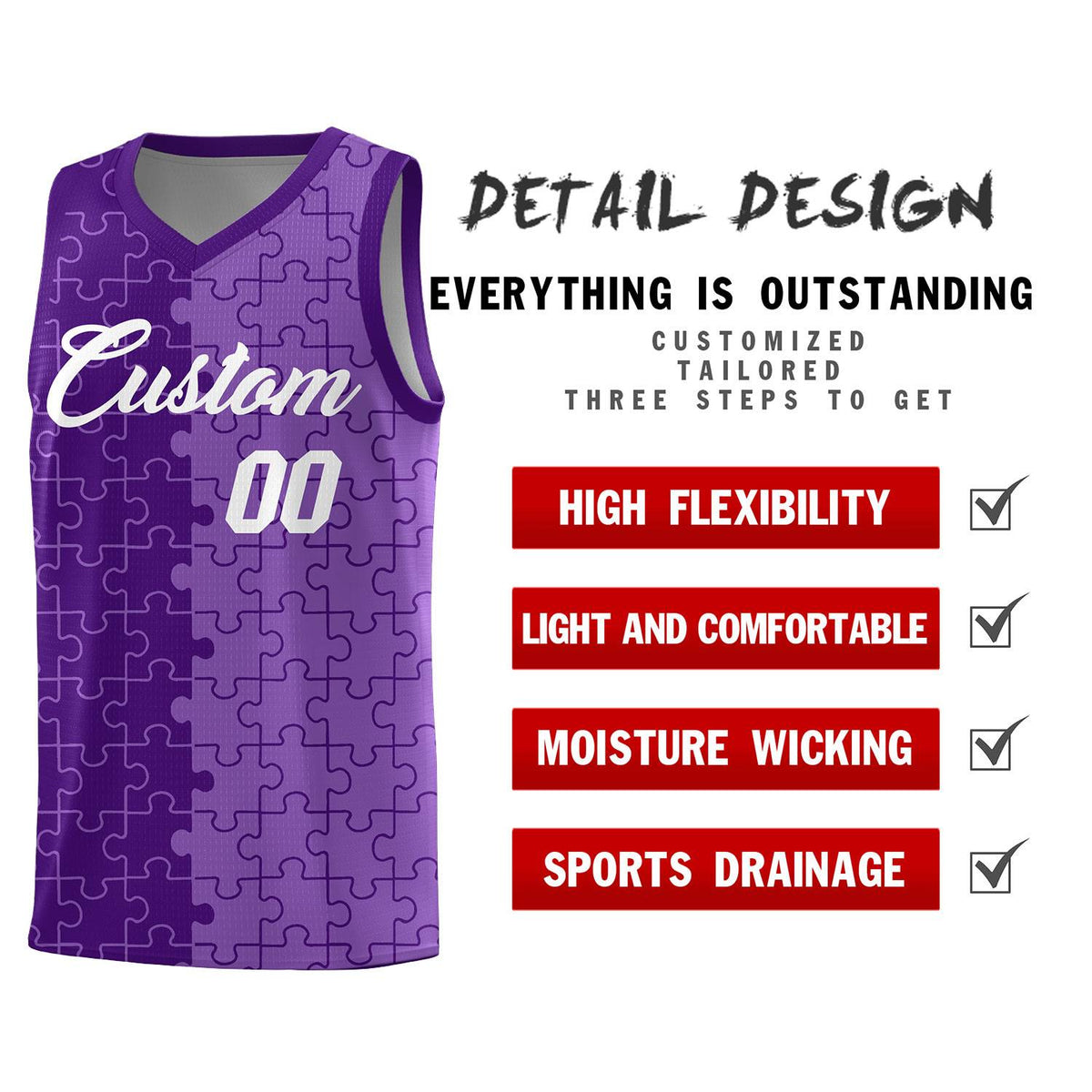 Custom Youth Basketball Jersey Purple Light Purple Puzzle Pattern Add Name, Number &amp; Team Logo
