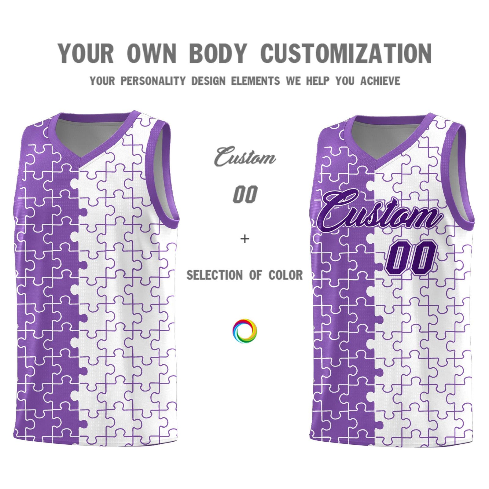 Custom Youth Basketball Jersey Light Purple White Puzzle Pattern Breathable Team Uniform