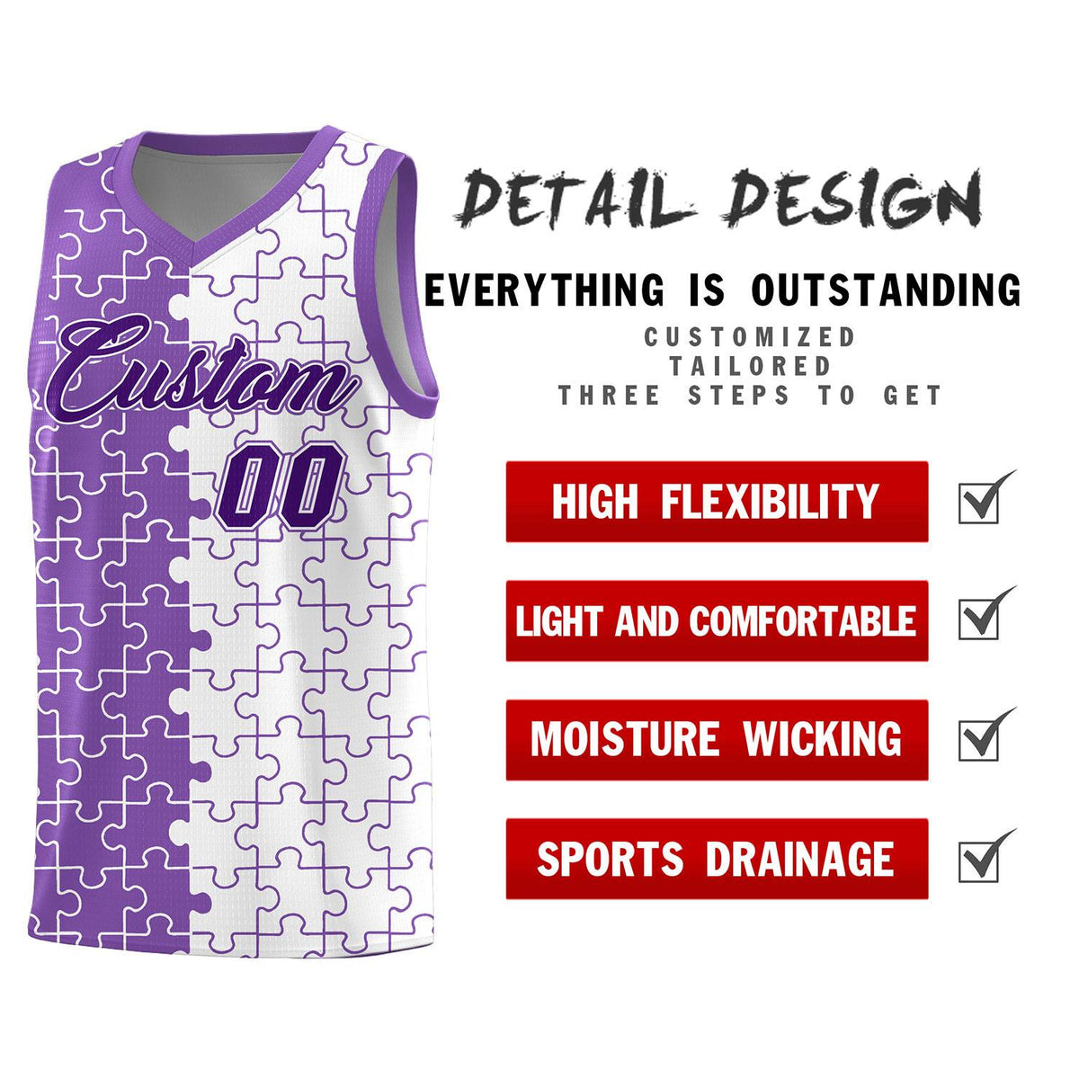 Custom Youth Basketball Jersey Light Purple White Puzzle Pattern Breathable Team Uniform