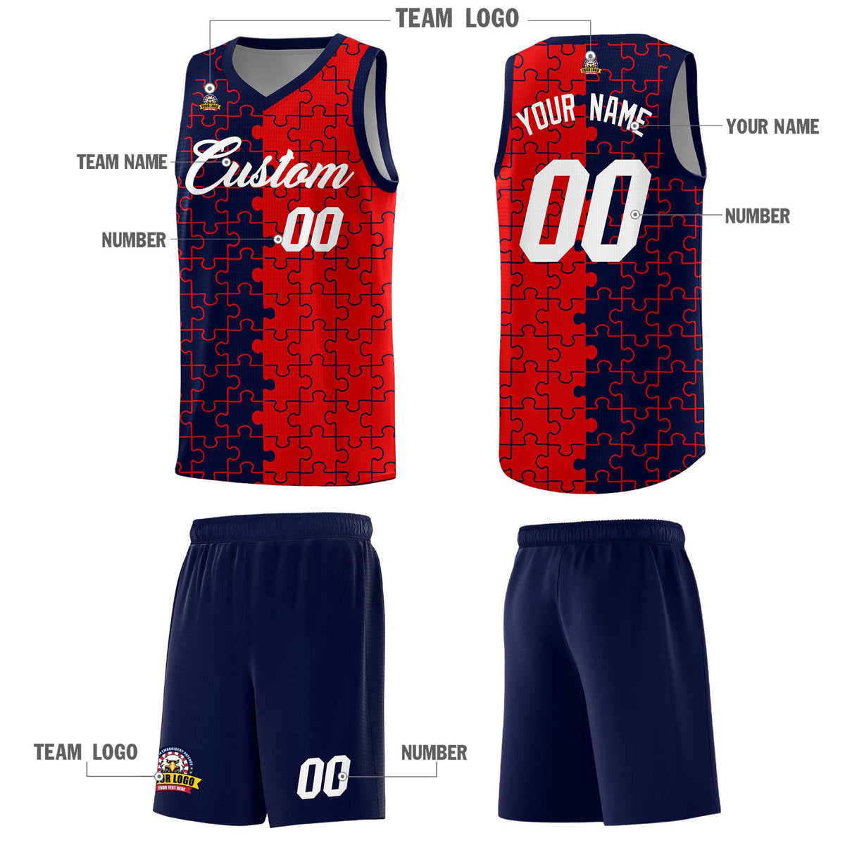 Custom Youth Basketball Jersey Navy Red Puzzle Pattern Personalized Team Uniform