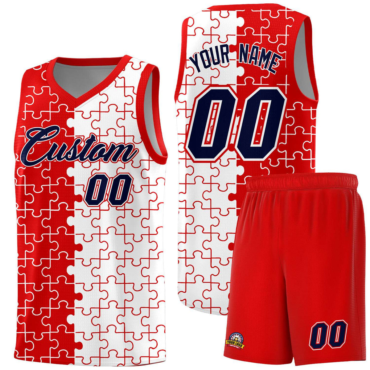 Custom Youth Basketball Jersey Red White Puzzle Pattern Add Name, Number &amp; Team Logo