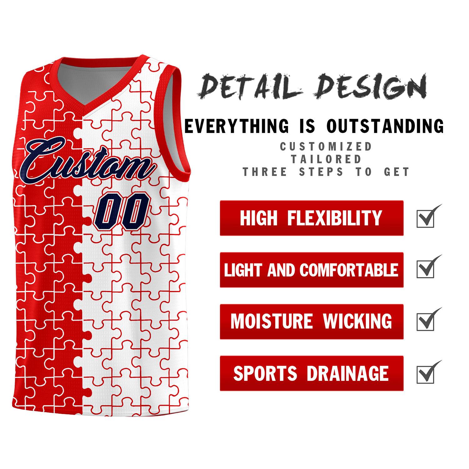 Custom Youth Basketball Jersey Red White Puzzle Pattern Add Name, Number & Team Logo
