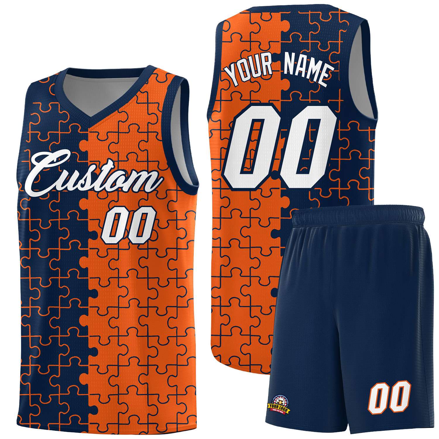Custom Youth Basketball Jersey Navy Orange Puzzle Pattern Breathable Team Uniform