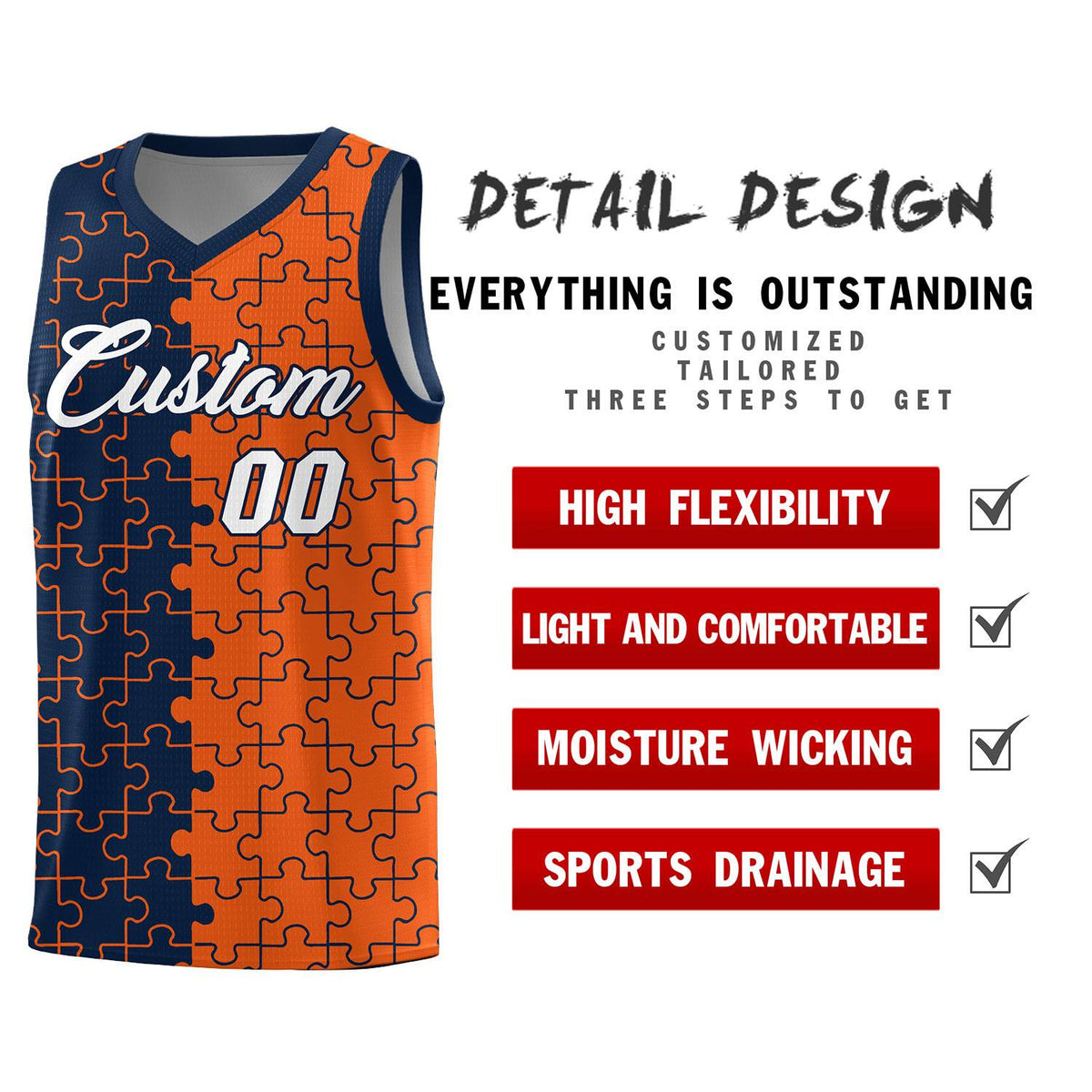 Custom Youth Basketball Jersey Navy Orange Puzzle Pattern Breathable Team Uniform