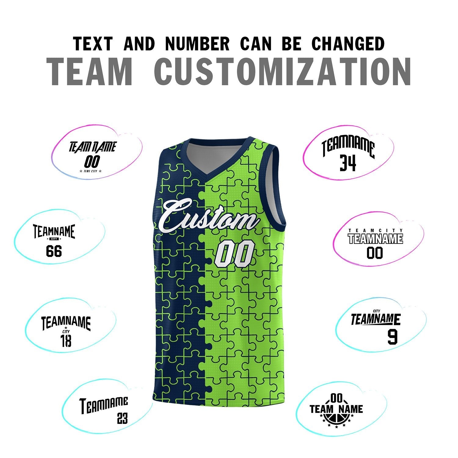Custom Youth Basketball Jersey Navy Fluorescent Green Puzzle Pattern Moisture-Wicking Team Uniform