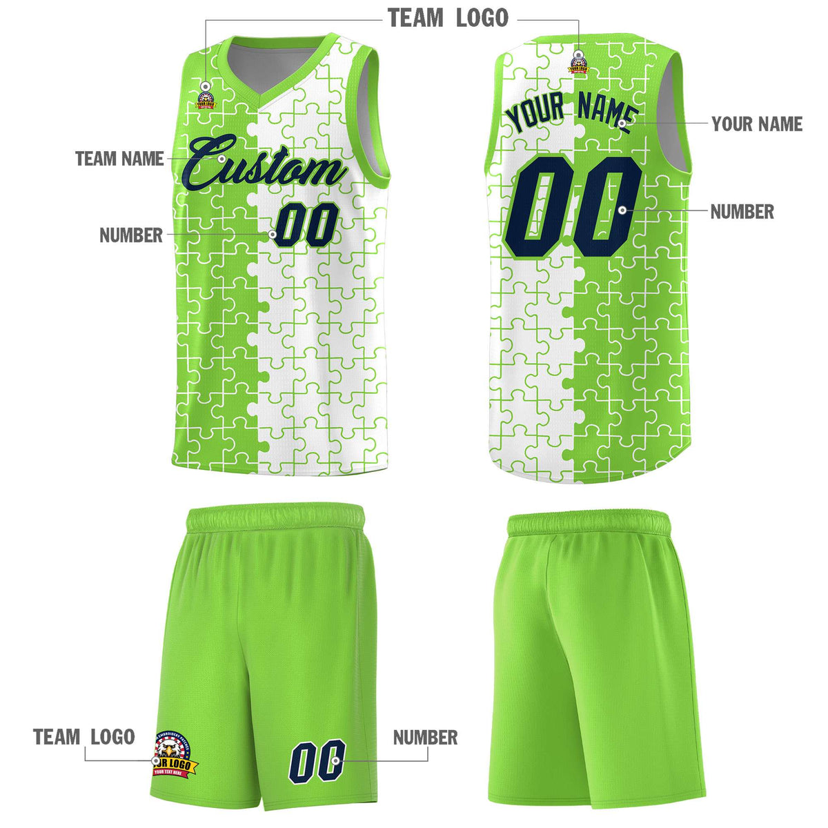Custom Youth Basketball Jersey Fluorescent Green White Puzzle Pattern Personalized Team Uniform