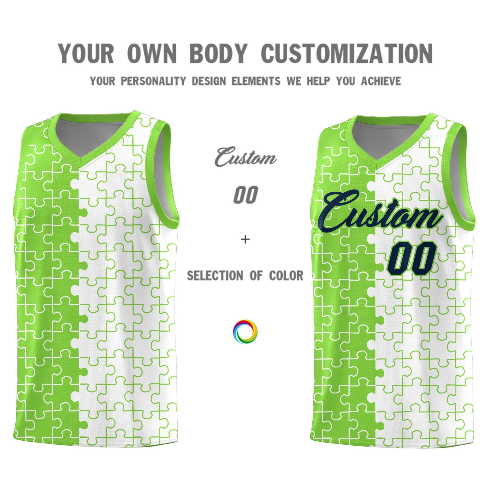 Custom Youth Basketball Jersey Fluorescent Green White Puzzle Pattern Personalized Team Uniform