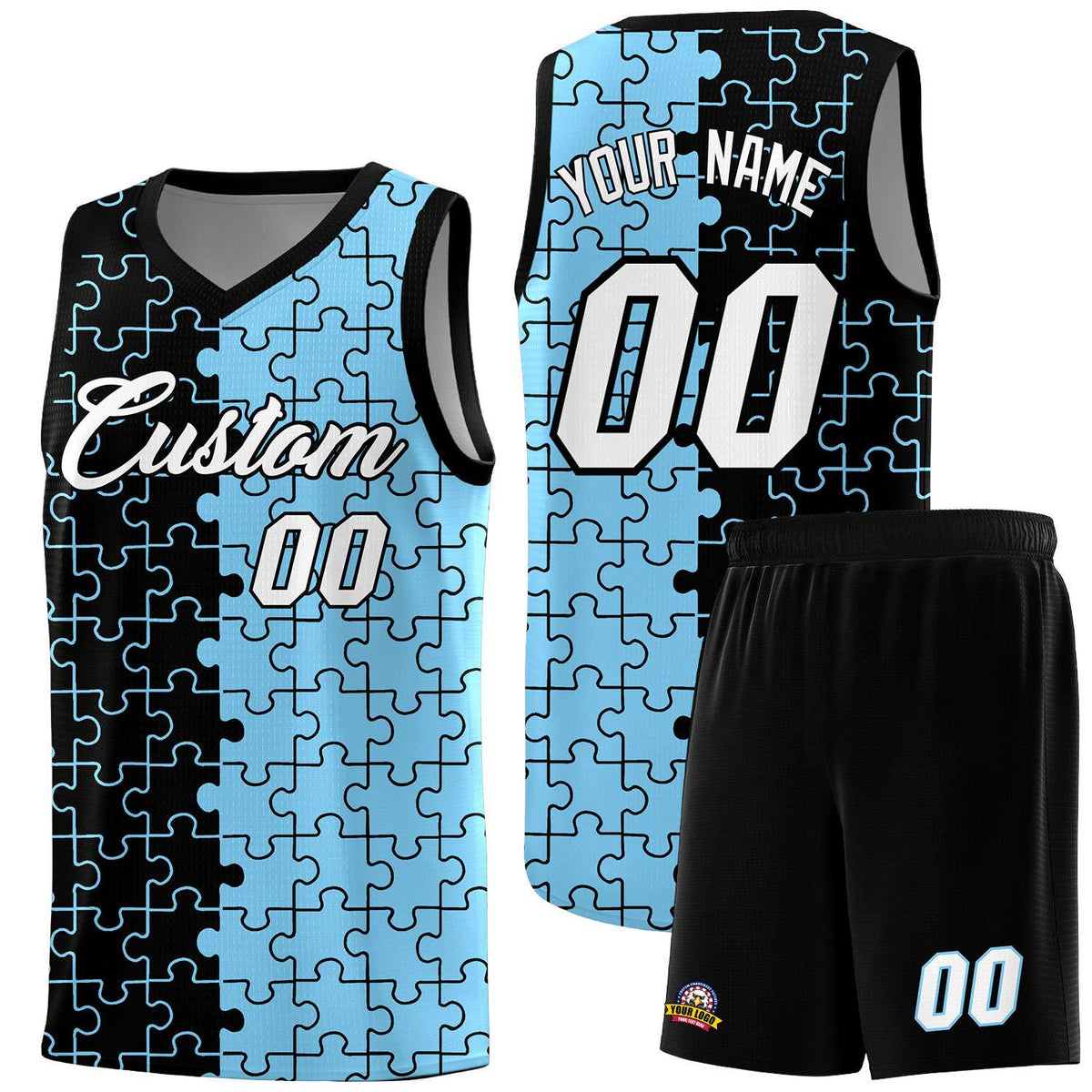 Custom Youth Basketball Jersey Black Light Blue Puzzle Pattern Add Name, Number &amp; Team Logo
