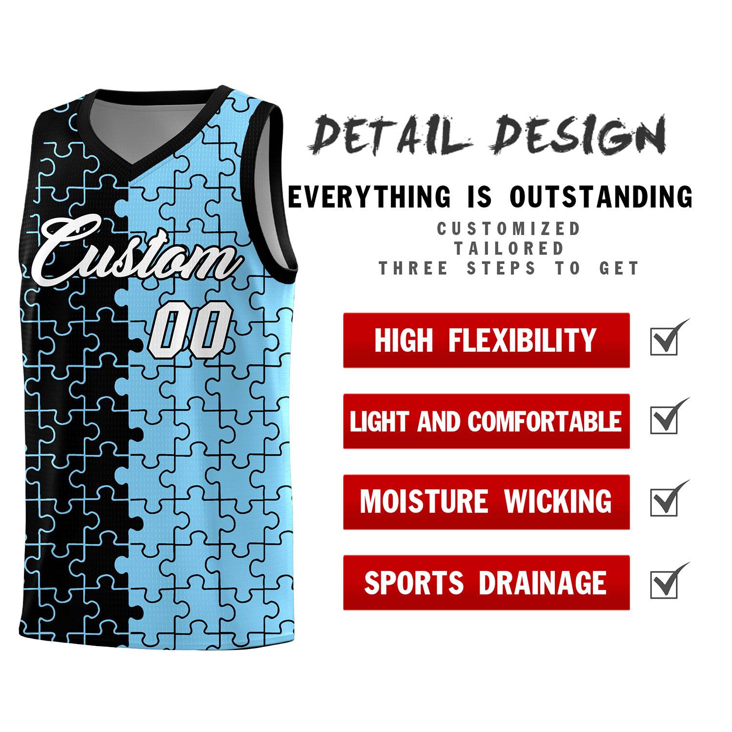 Custom Youth Basketball Jersey Black Light Blue Puzzle Pattern Add Name, Number & Team Logo