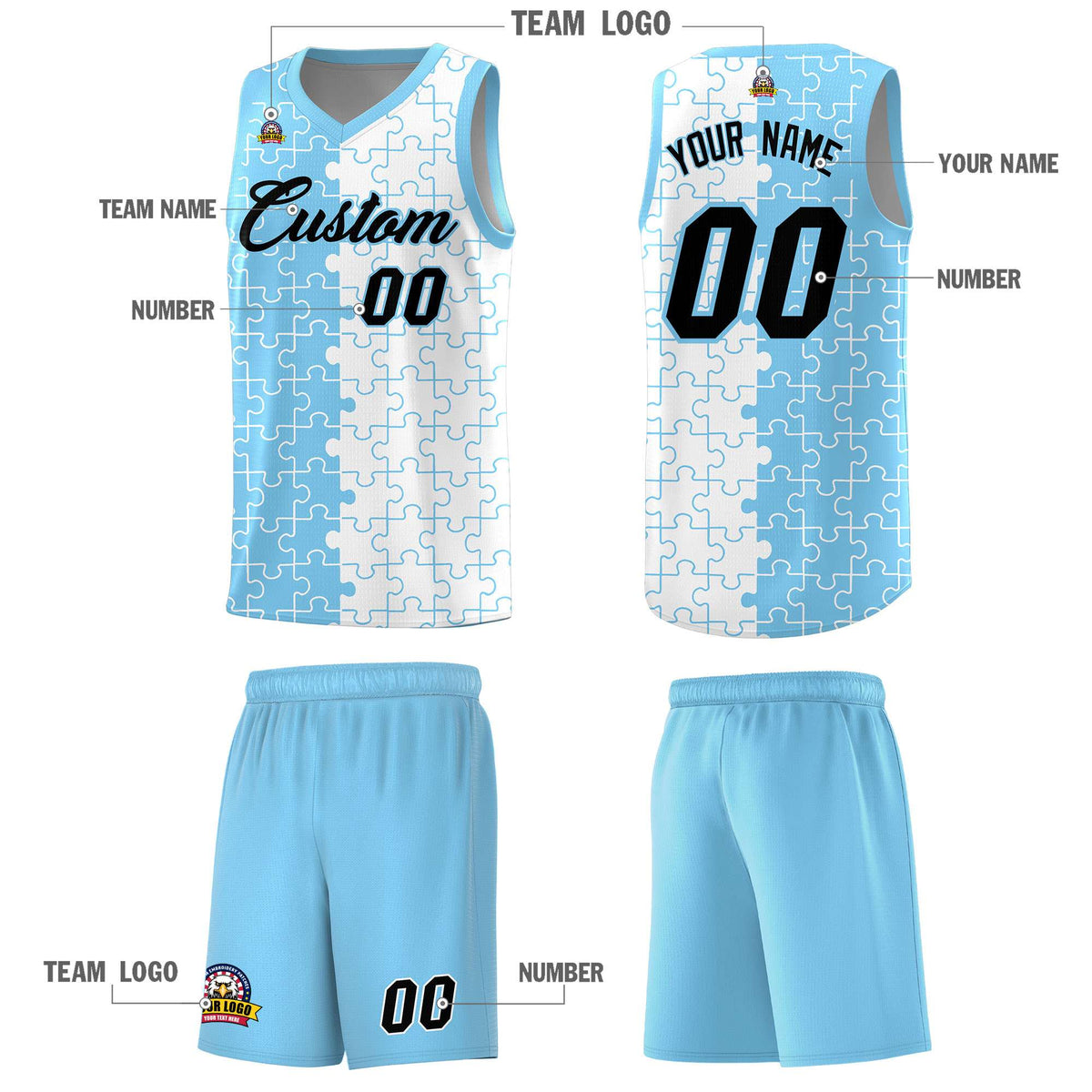 Custom Youth Basketball Jersey Light Blue White Puzzle Pattern Breathable Team Uniform