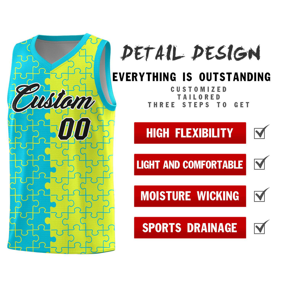 Custom Youth Basketball Jersey Sky Blue Fluorescent Green Puzzle Pattern Personalized Team Uniform