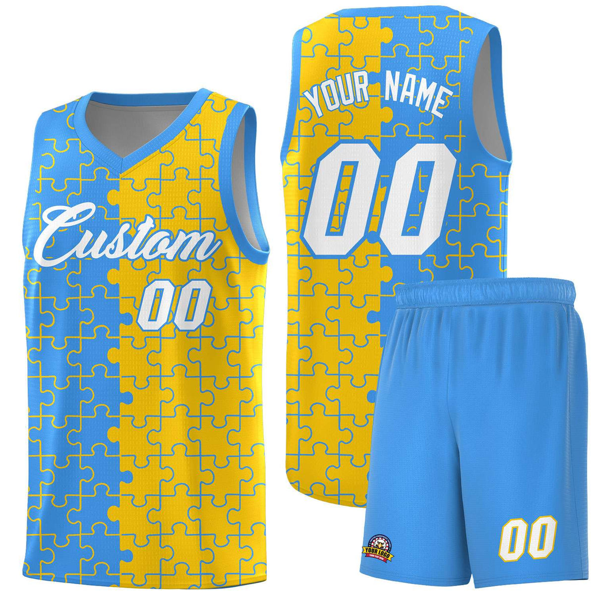 Custom Youth Basketball Jersey Light Blue Gold Puzzle Pattern Moisture-Wicking Team Uniform
