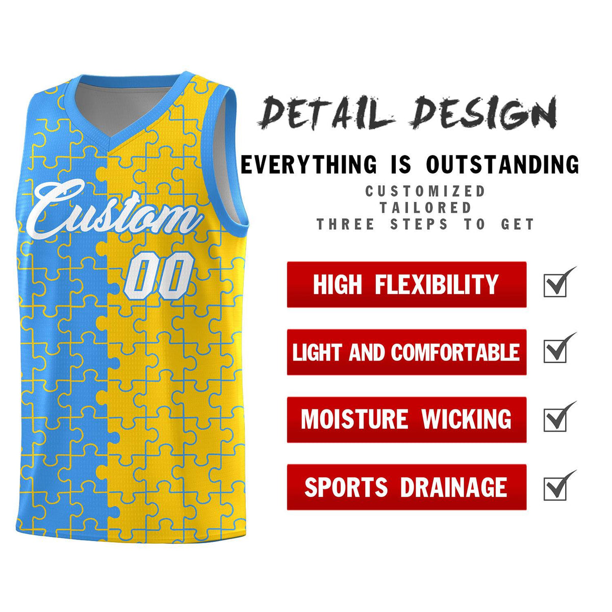Custom Youth Basketball Jersey Light Blue Gold Puzzle Pattern Moisture-Wicking Team Uniform