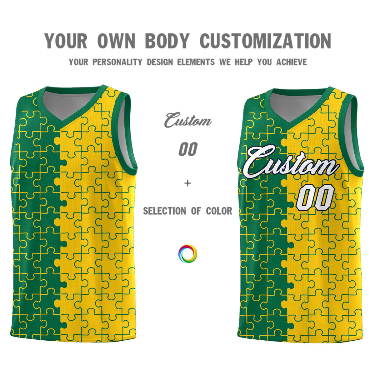 Custom Youth Basketball Jersey Kelly Green Gold Puzzle Pattern Personalized Team Uniform