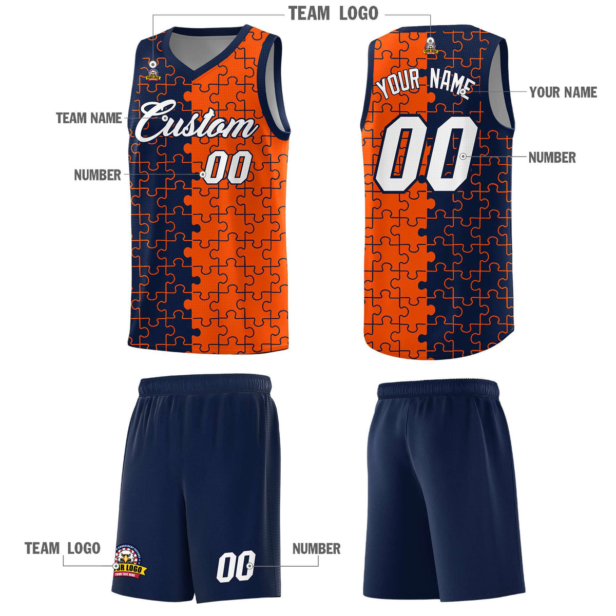 Custom Youth Basketball Jersey Navy Orange Puzzle Pattern Add Name, Number &amp; Team Logo