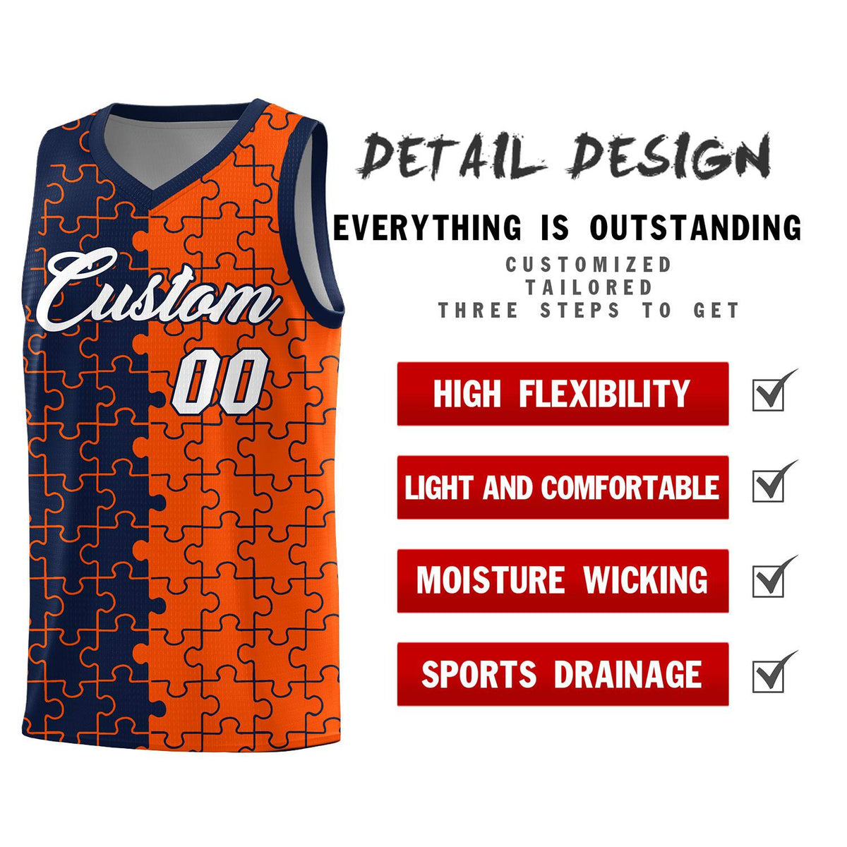 Custom Youth Basketball Jersey Navy Orange Puzzle Pattern Add Name, Number &amp; Team Logo