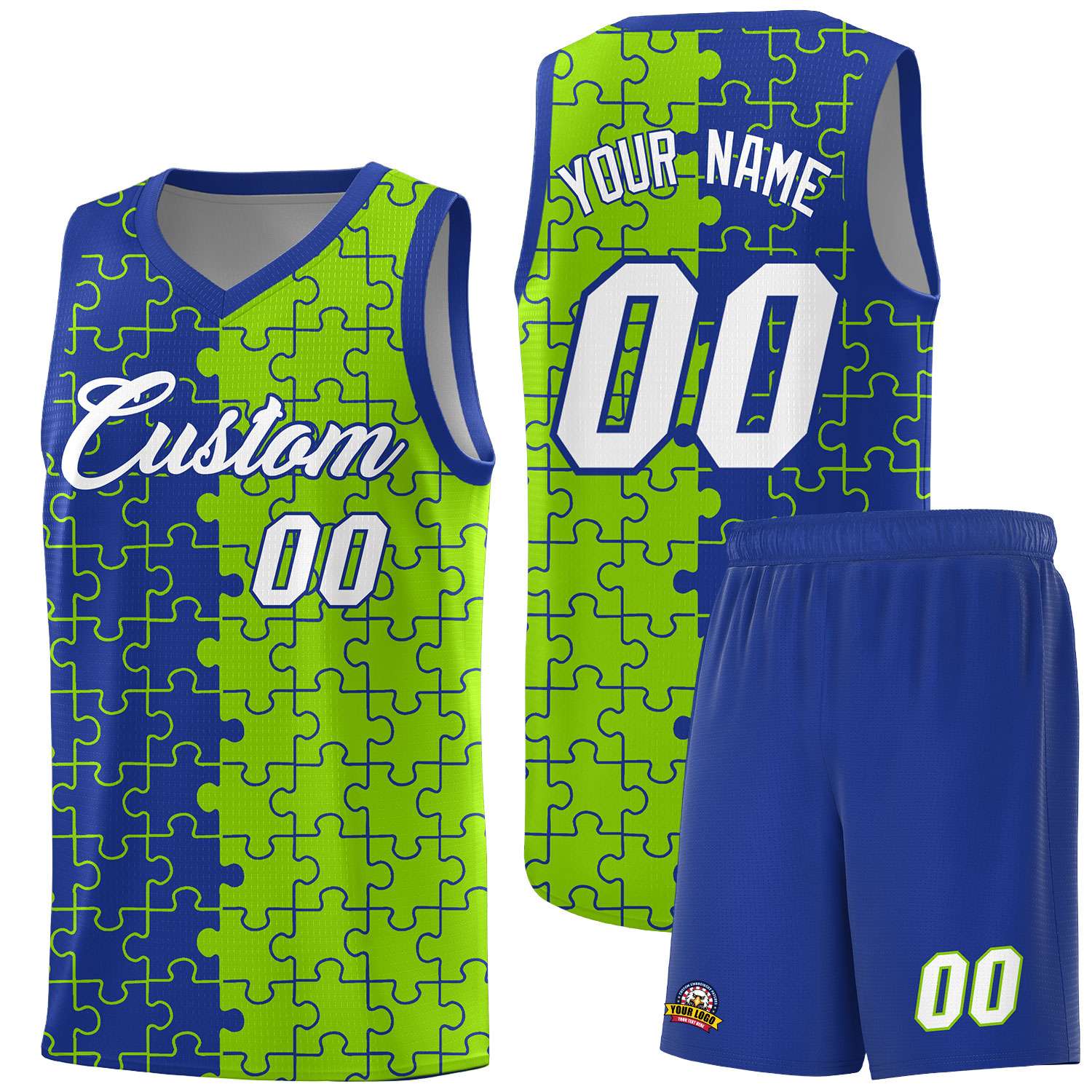 Custom Youth Basketball Jersey Royal Blue Neon Green Puzzle Pattern Moisture-Wicking Team Uniform