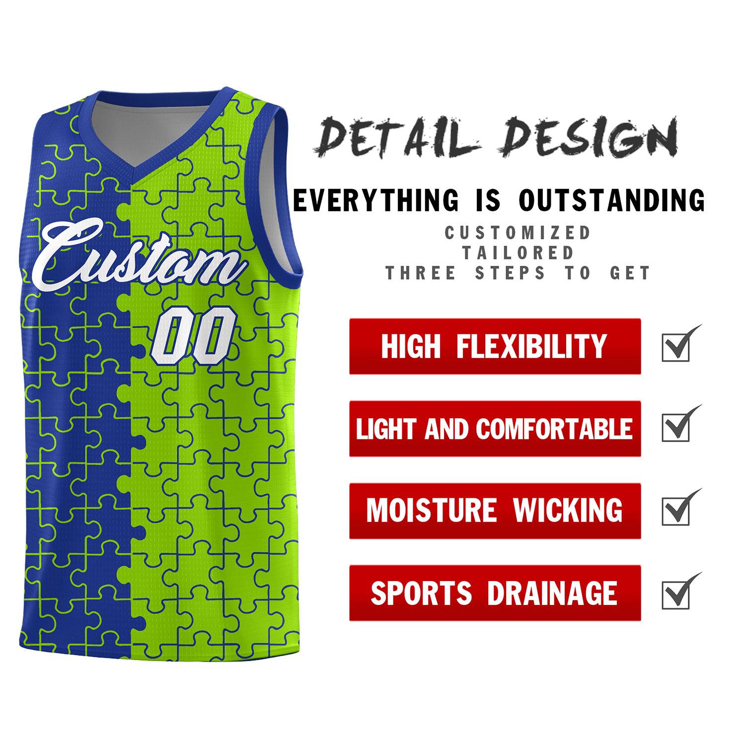 Custom Youth Basketball Jersey Royal Blue Neon Green Puzzle Pattern Moisture-Wicking Team Uniform