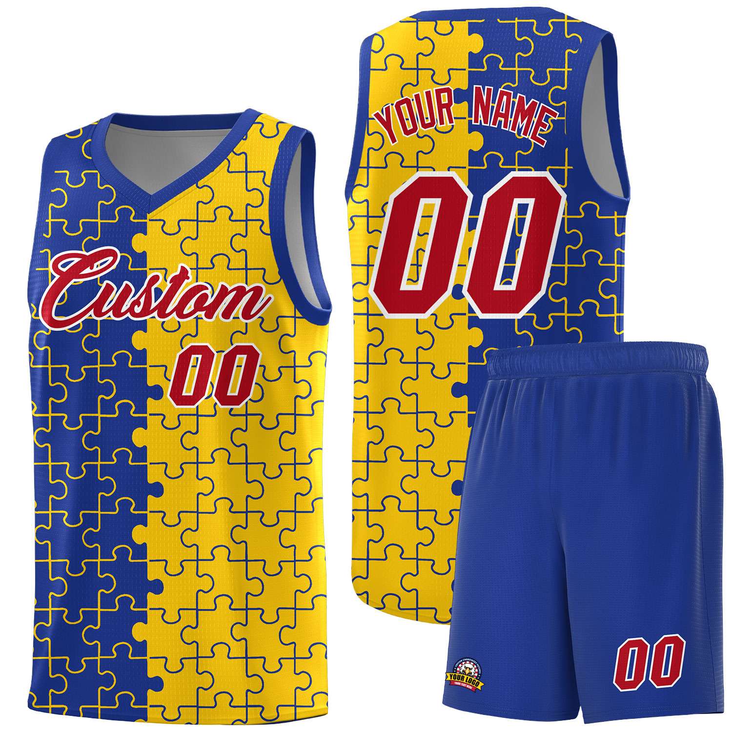 Custom Youth Basketball Jersey Royal Blue Gold Puzzle Pattern Add Name, Number & Team Logo