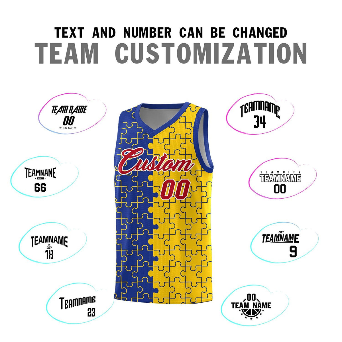 Custom Youth Basketball Jersey Royal Blue Gold Puzzle Pattern Add Name, Number &amp; Team Logo
