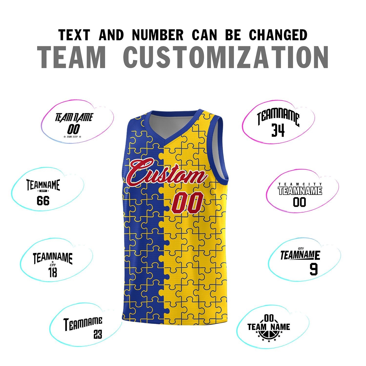 Custom Youth Basketball Jersey Royal Blue Gold Puzzle Pattern Add Name, Number & Team Logo