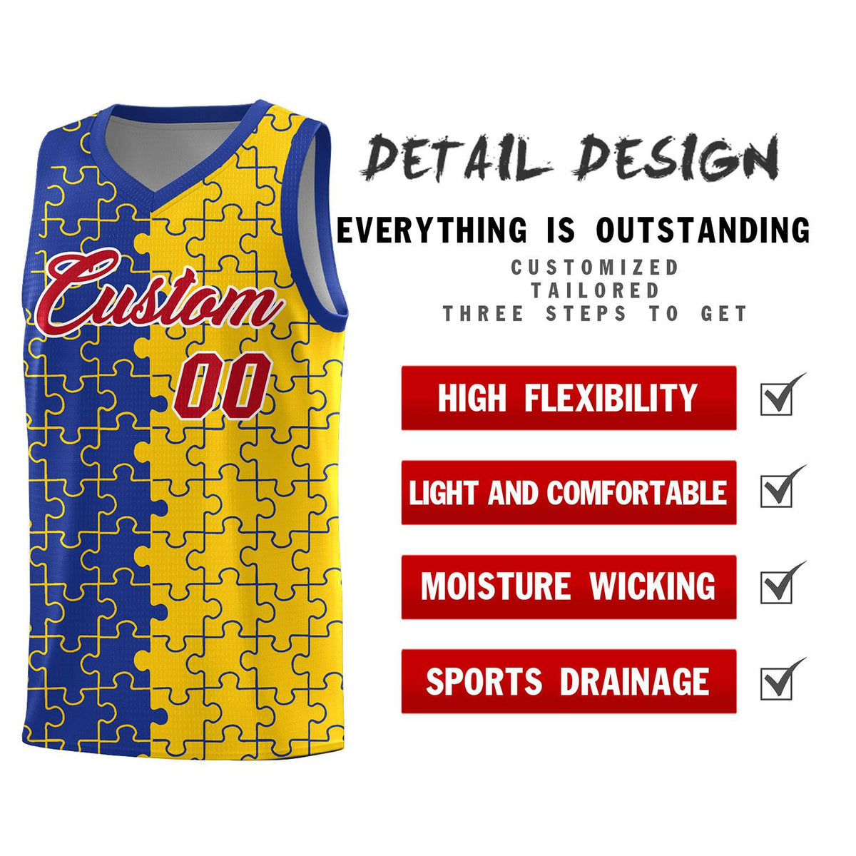 Custom Youth Basketball Jersey Royal Blue Gold Puzzle Pattern Add Name, Number &amp; Team Logo