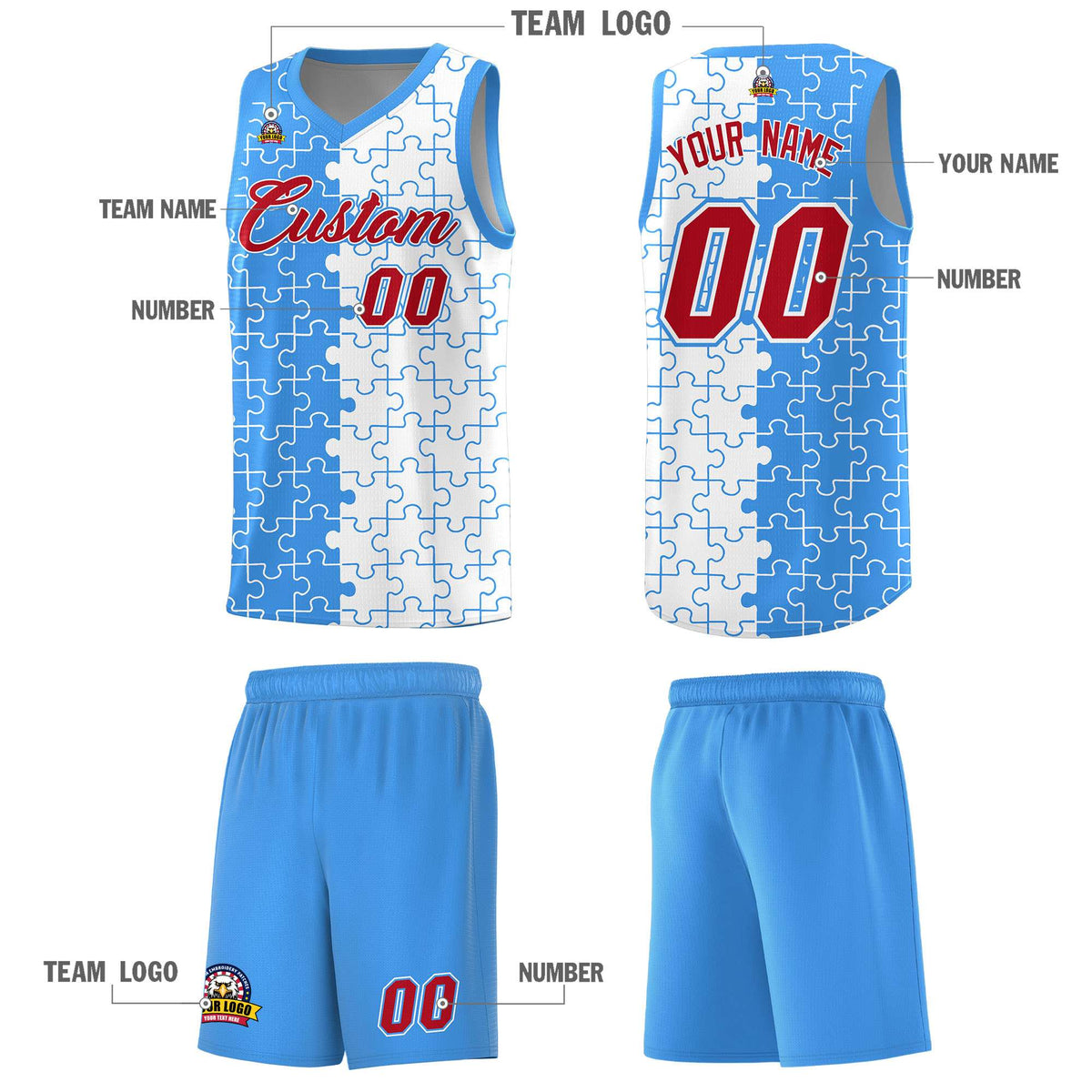 Custom Youth Basketball Jersey Light Blue White Puzzle Pattern Personalized Team Uniform