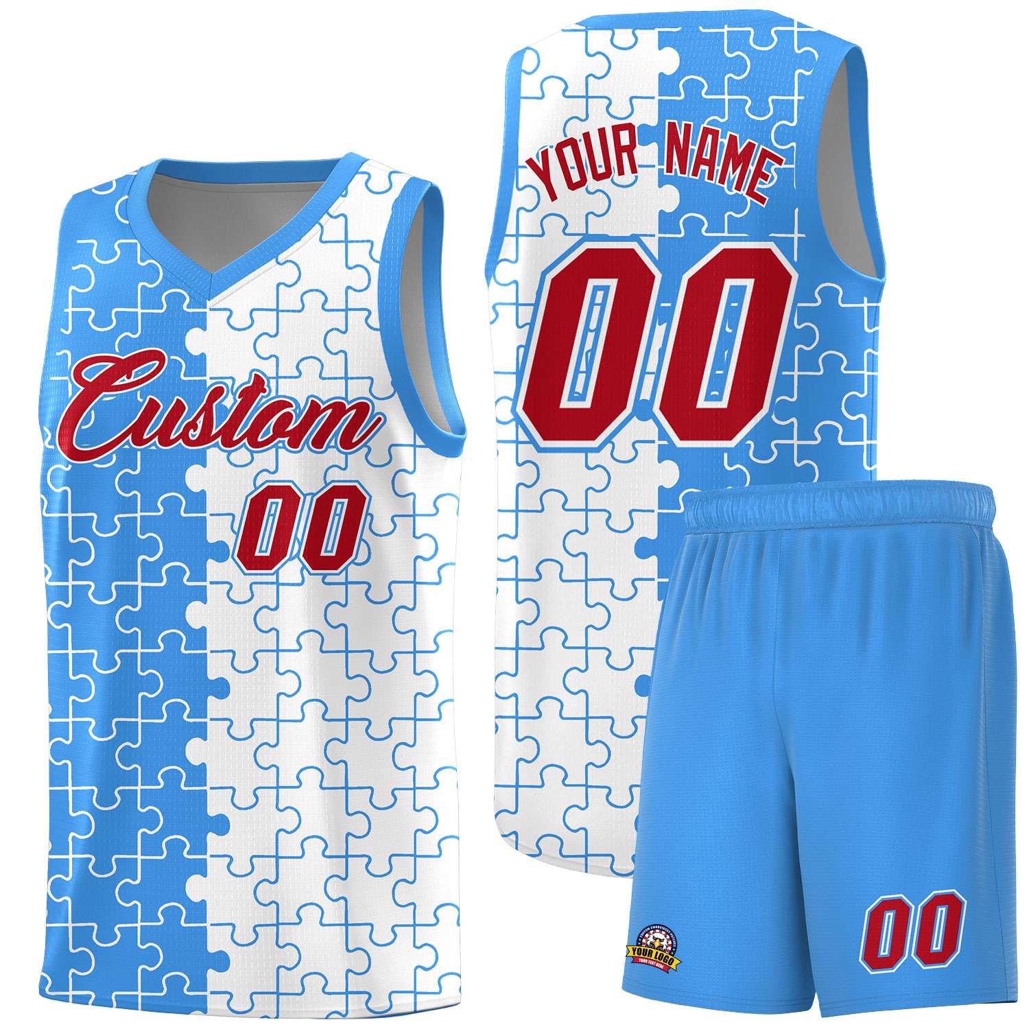 Custom Youth Basketball Jersey Light Blue White Puzzle Pattern Personalized Team Uniform