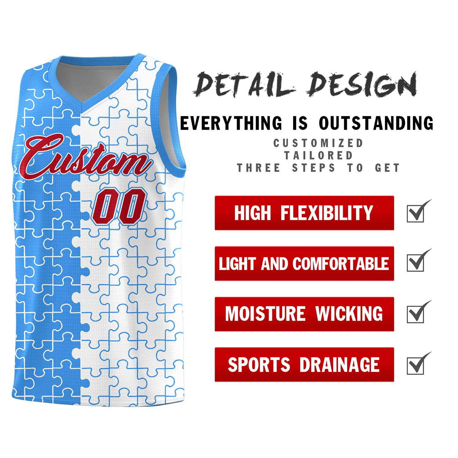 Custom Youth Basketball Jersey Light Blue White Puzzle Pattern Personalized Team Uniform