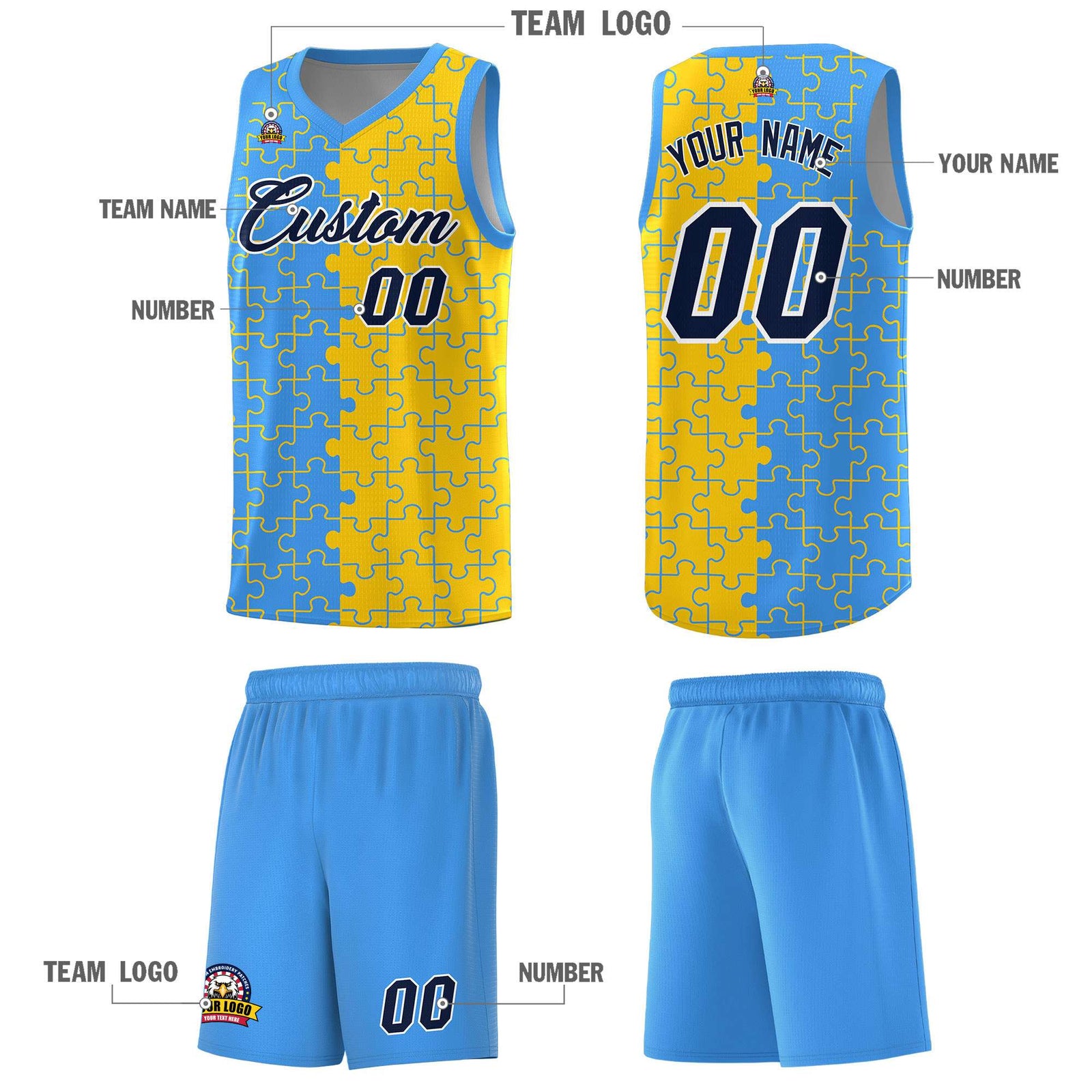 Custom Youth Basketball Jersey Light Blue Gold Puzzle Pattern Add Name, Number & Team Logo