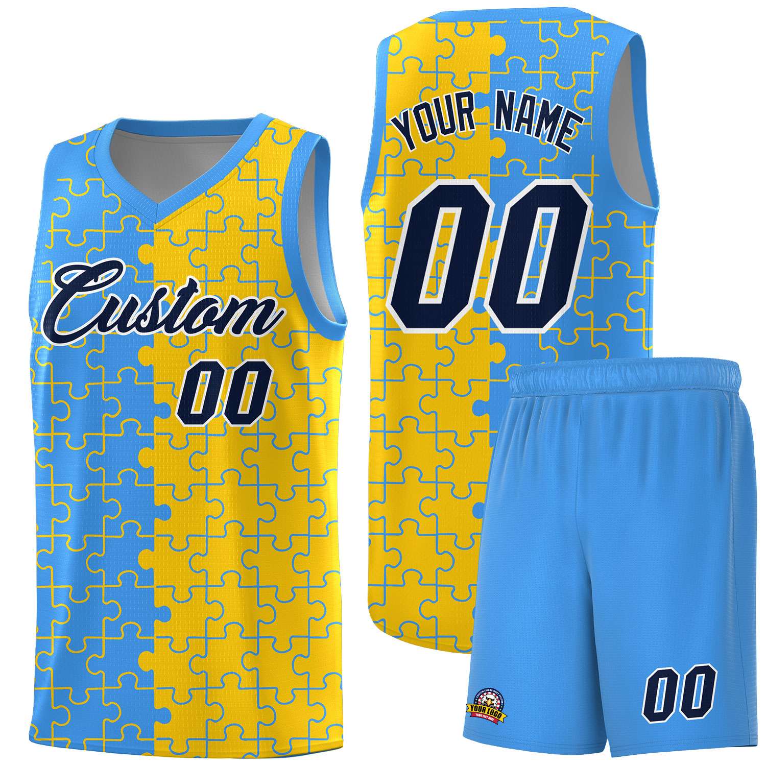 Custom Youth Basketball Jersey Light Blue Gold Puzzle Pattern Add Name, Number & Team Logo