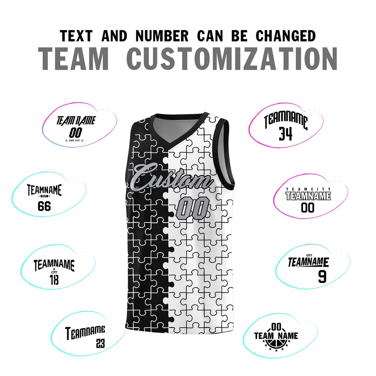Custom Youth Basketball Jersey Black White Puzzle Pattern Breathable Team Uniform