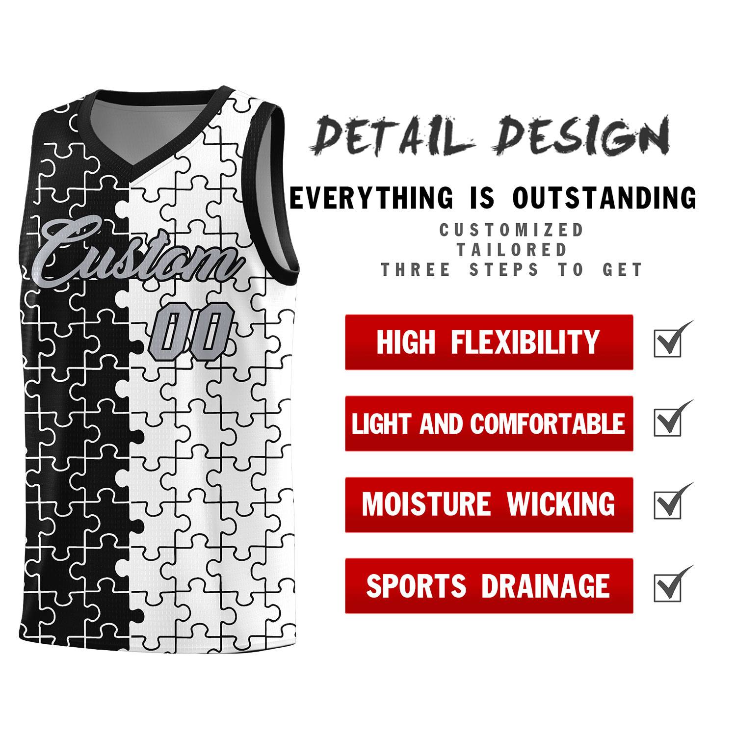 Custom Youth Basketball Jersey Black White Puzzle Pattern Breathable Team Uniform