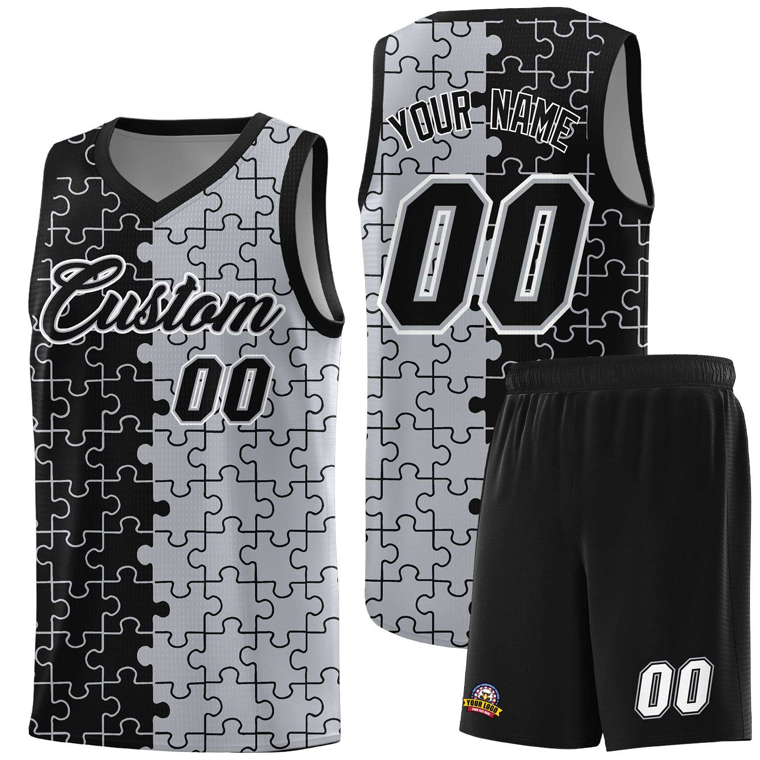 Custom Youth Basketball Jersey Black Gray Puzzle Pattern Moisture-Wicking Team Uniform