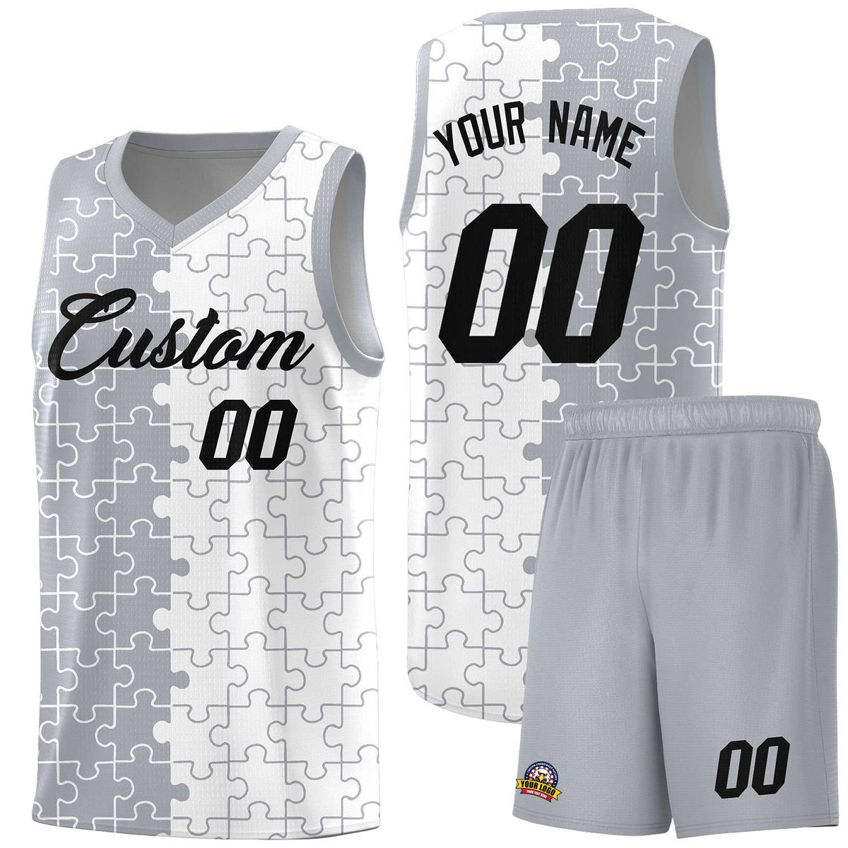 Custom Youth Basketball Jersey Gray White Puzzle Pattern Personalized Team Uniform